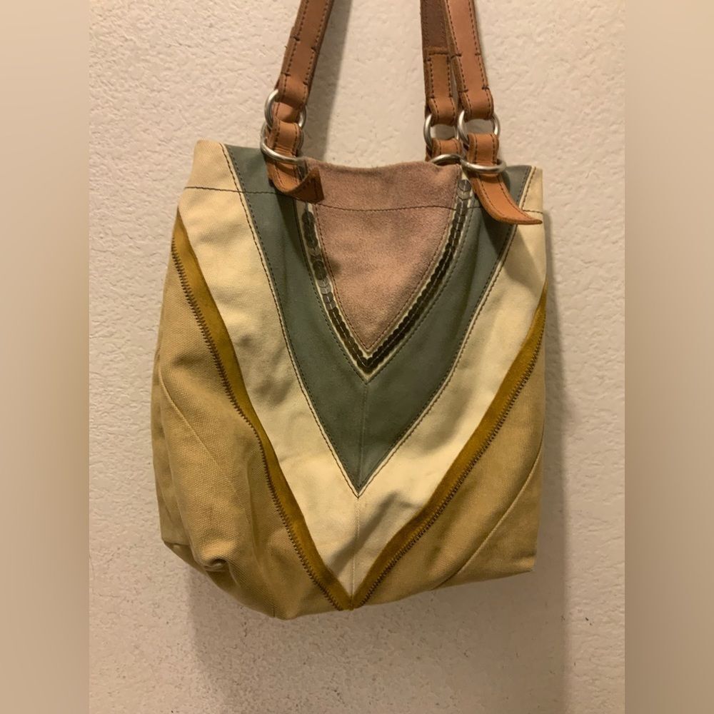 Fossil JesseโKhaki Multi Canvas Suede Leather Sequin Chevron Tote Shoulder Bag